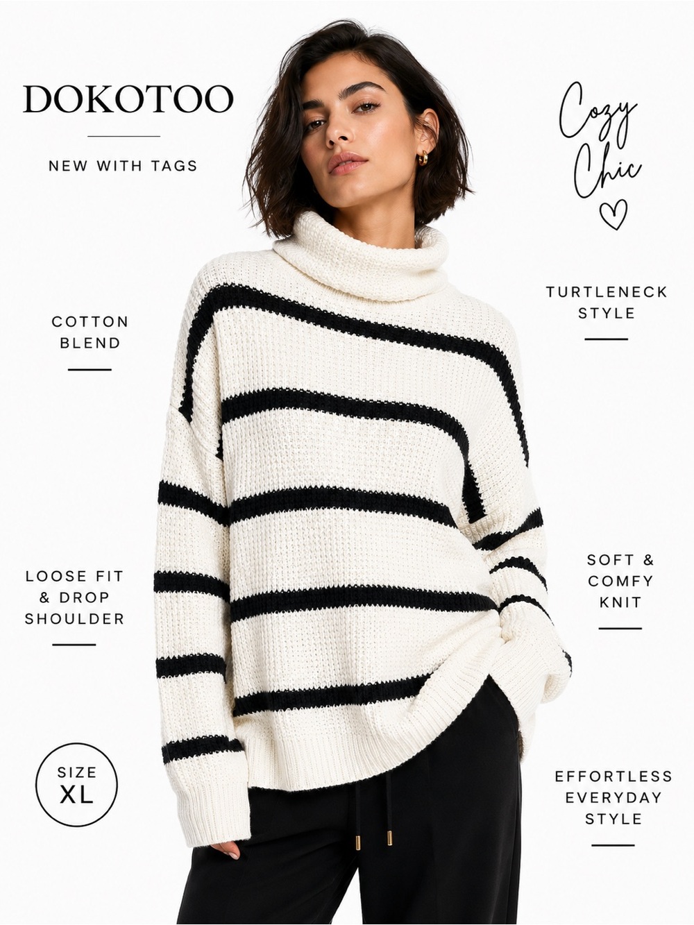 Cozy Striped Turtleneck Sweater cream and black knit drop shoulder loose fit NWT